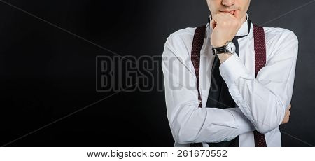 Young Handsome Boy In White Shirt With Tie, Couse View, Clock On Hand,