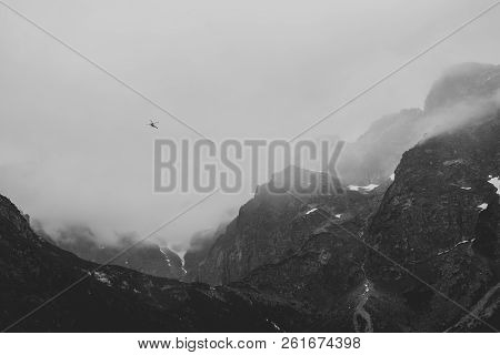 Rescue Helicopter In The Mountains, Heavy Fog, Tatra