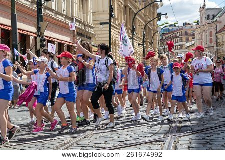 Prague, Czech Republic - July 1, 2018: Children Parading At Sokolsky Slet, A Once-every-six-years Ga