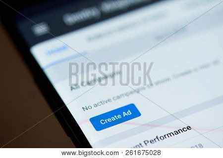 New York, Usa - October 4, 2018: Create Ad In Facebook Page On Smartphone Screen Close Up View