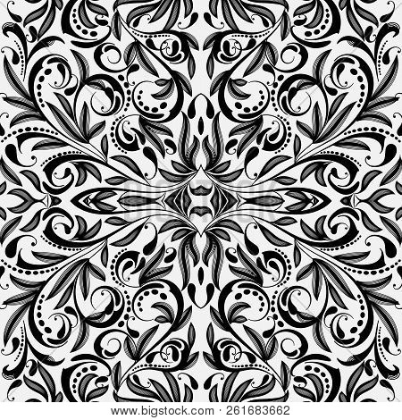 Elegance Black And White Paisley Seamless Pattern. Vector Monoch