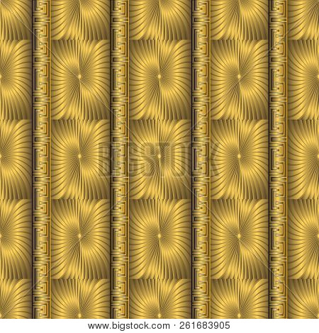 Gold 3d Textured Greek Key Meanders Seamless Pattern. Vector Orn