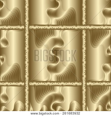 Gold 3d Checkered Textured Seamless Pattern. Geometric Ornamenta