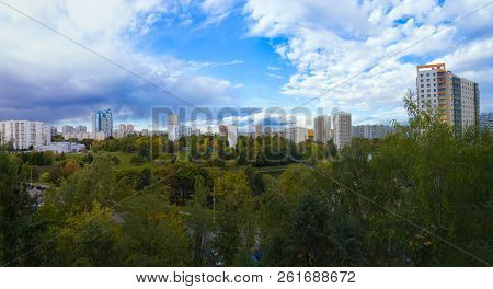 Panorama Residential Disctrict Of Moscow With Beautiful Clouds In The Blue Sky, Soviet Houses, A Lar