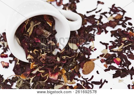 Top View Herbal Tea Cup With Bright Colorful Herbs Petals