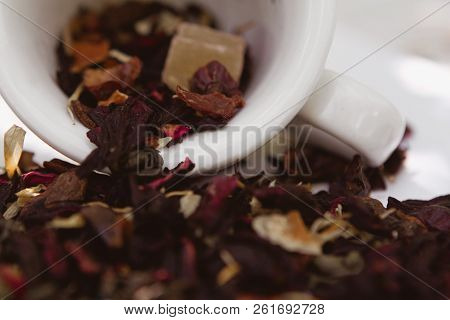 Fruit Herbal Tea Cup Closeup Isolated On White Background