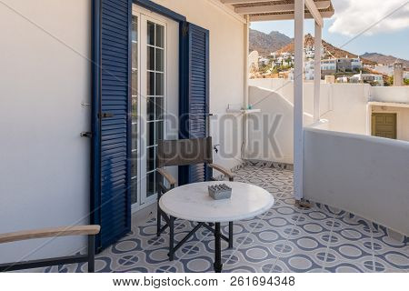 Serifos, Greece - September 8, 2018: Balcony Of Typical Summer Apartment In Serifos Island. Greece