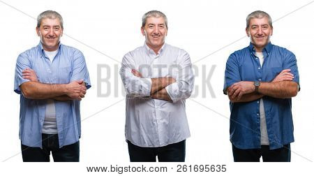Collage of senior hoary man over white isolated backgroud happy face smiling with crossed arms looking at the camera. Positive person.