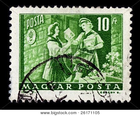 ฮังการี-เซอร์กา 1964:A แสตมป์ที่พิมพ์ในฮังการีแสดงภาพของผู้ขนส่งจดหมายผ่านไปรษณีย์ เซอร์กา 1964