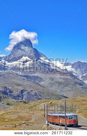 Matterhorn, Switzerland. The Gornergratbahn Is A 9 Km. Long Gauge Mountain Rack Railway From Zermatt