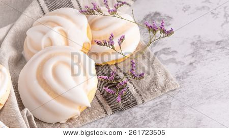 Portuguese Sweets Cavacas On Napkin In A Table. Typical Cookies With Sugar