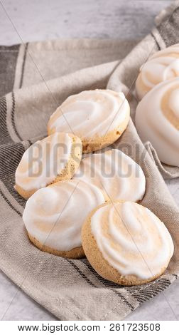 Portuguese Sweets Cavacas On Napkin In A Table. Typical Cookies With Sugar