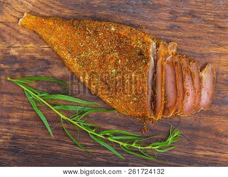 Sliced Basturma Covered With Spices. A Hot Beer Snack.