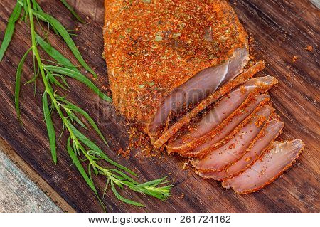 Sliced Basturma Covered With Spices. A Hot Beer Snack.