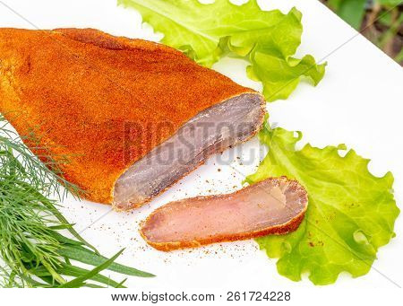 Sliced Basturma Covered With Spices. A Hot Beer Snack.