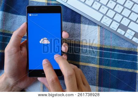 Chiang Mai, Thailand - Mar 28,2018: Man Holding Huawei With Onedrive On Screen. Microsoft Onedrive I