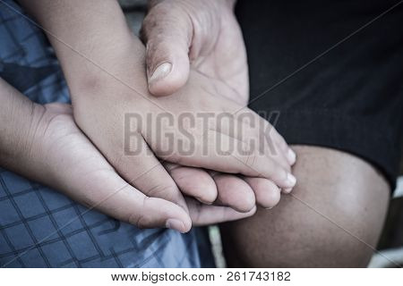 Hands Holding Together Takecare Of Asian Teenage Touching Elderly Or Grandfather Hands Wrinkled Skin