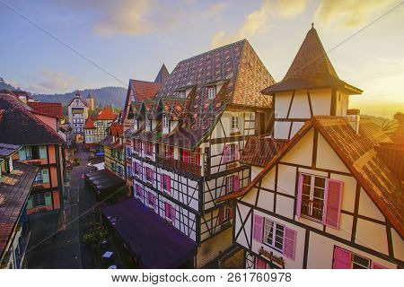 View Of Old French Style Public Building At, Colmar Bukit Tinggi During Sunrise.