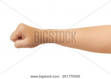 Human Hand In Fist, Punch Or Griping Gesture Isolate On White Background With Clipping Path
