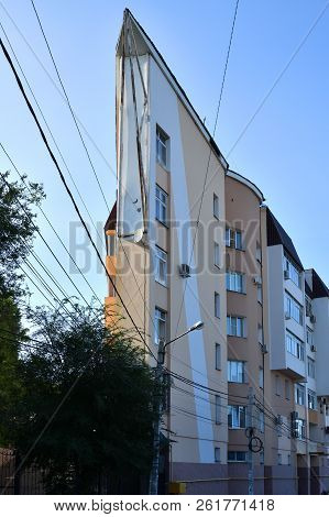 Voronezh, Russia - August 23. 2018. Unusual House With Sharp Angle On Street 20 Anniversary Vlksm