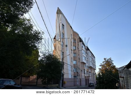 Voronezh, Russia - August 23. 2018. Unusual House With Sharp Angle On Street 20 Anniversary Vlksm