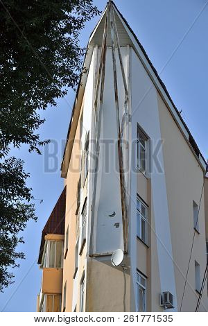 Voronezh, Russia - August 23. 2018. Unusual House With Sharp Angle On Street 20 Anniversary Vlksm