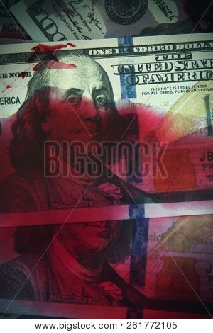 Contract Killing And Murder For Money Concept. Bullets On Dollar Bills As Symbol Of Terrorism, Death