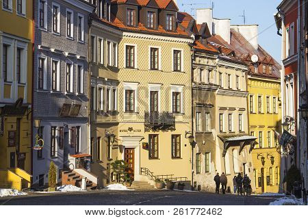 Lublin, Poland - January 18, 2018: Beautiful Old Buildings On Grodzka Street In The Old Town Of Lubl