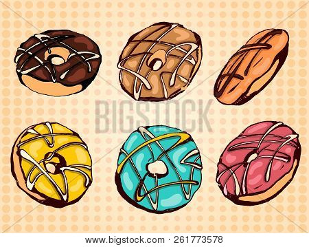 Hand Drawn Vector Donuts Set. Glazed And Colored Donuts In Several Foreshortening.
