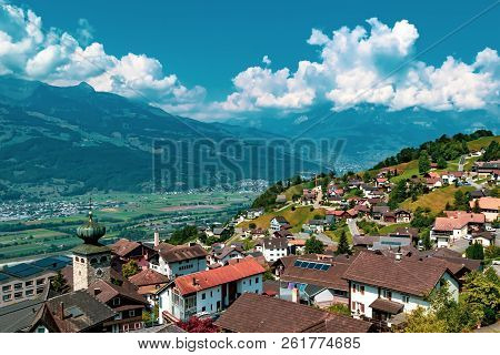 Triesenberg, Liechtenstein, 20th August 2018:- A View Of Triesenberg In Central Liechtenstein. Tries