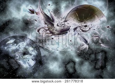 Abstract Representation Of The Universe And Stellar Galaxies With Planets And Space Objects.