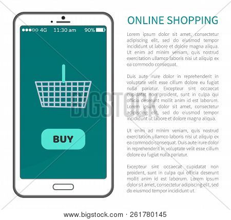 Online Shopping Poster Mobile Phone And Basket With Handle On Screen, Buy Now Button Website Design 
