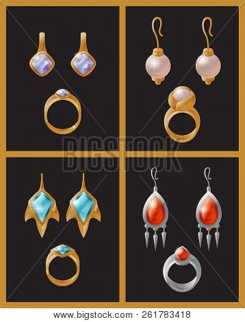 Set Of Jewelry Items Golden Earrings With Pearls And Engagement Ring Vector Illustration Of Stylish 