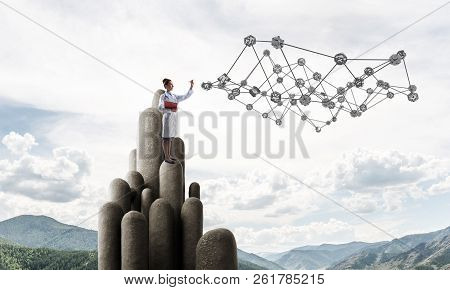 Young Female Doctor With Folder In Hands Satnding On Stone Column. 3d Rendering