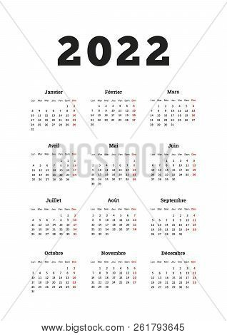 2022 Year Simple Calendar On French Language, A4 Size Vertical Sheet Isolated On White