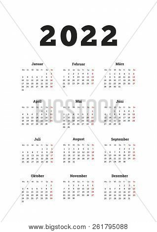 2022 Year Simple Calendar On German Language, A4 Size Vertical Sheet Isolated On White