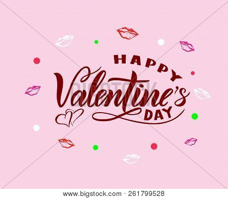 Happy Valentines Day On Ponk Background With Hearts. Modern Calligraphic Lettering. Isolated. Black 