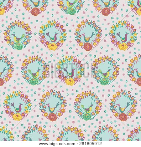 Colorful Floral Wreaths With Birds Folk Seamless Vector Pattern Background