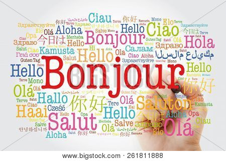 Bonjour (hello Greeting In French) Word Cloud In Different Languages Of The World With Marker, Backg