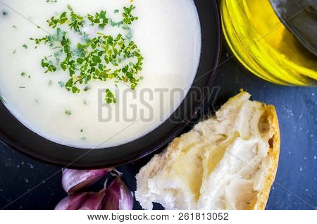 Ajoblanco O White Gazpacho, Popular Cold Soup From South Spain. Overhead View