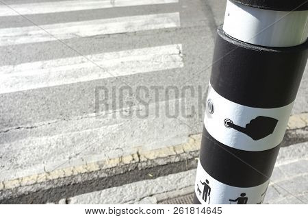 Pedestrian Crossing Traffic Pole For Blind People. Emerging Lighting On Ground And Auditive System