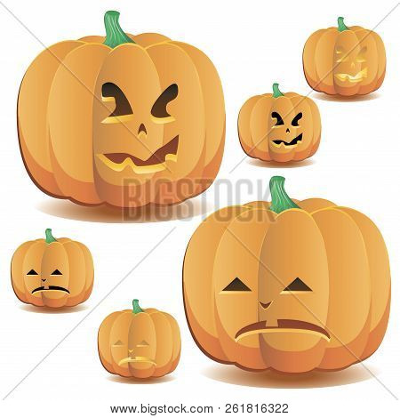 Halloween Pumpkin With A Cute Face And Lighting, Set 4, Vector Illustration Additional