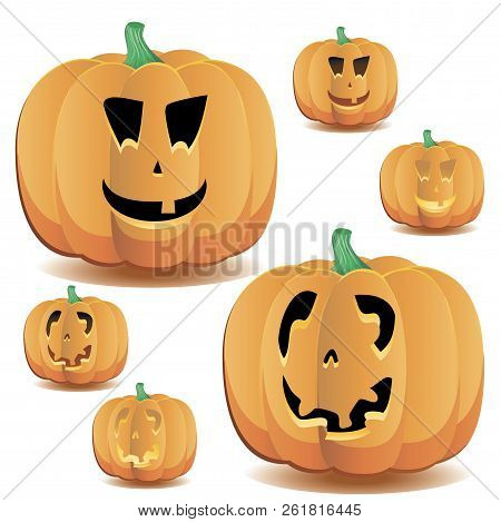 Halloween Pumpkin With A Cute Face And Lighting, Set 10, Vector Illustration Additional