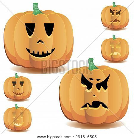 Halloween Pumpkin With A Cute Face And Lighting, Set 11, Vector Illustration Additional