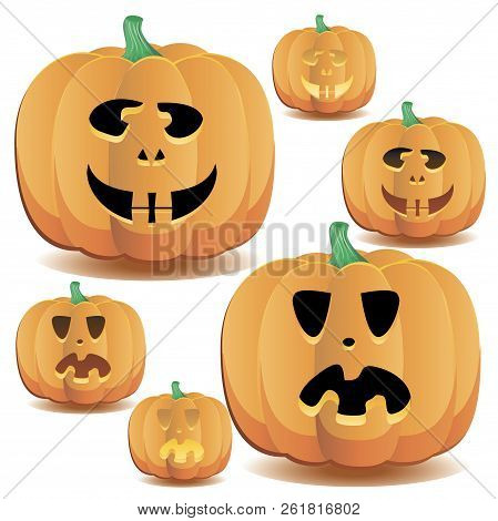 Halloween Pumpkin With A Cute Face And Lighting, Set 14, Vector Illustration Additional