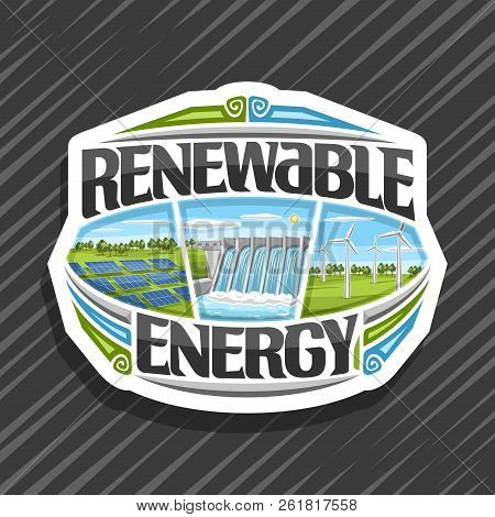 Vector Logo For Renewable Energy, White Sign With Array Solar Panels, Water Flowing In Reservoir, Wi