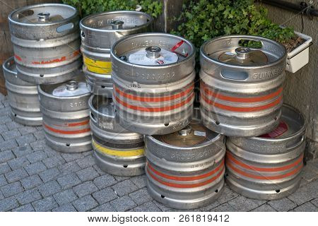 Moscow, Russia - September 30, 2018: Metal Barrels Of Beer On The Street In Front Of The Restaurant.