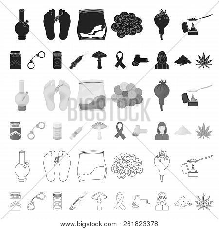 Drug Addiction And Attributes Cartoon Icons In Set Collection For Design. Addict And Drug Vector Sym