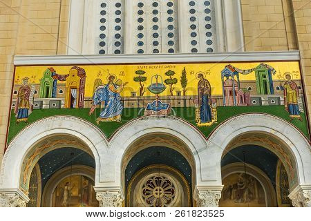 Athens, Greece, March 5, 2018 Metropolitan Basilica Mosacis Cathedral Athens Greece.  Built In 1842,