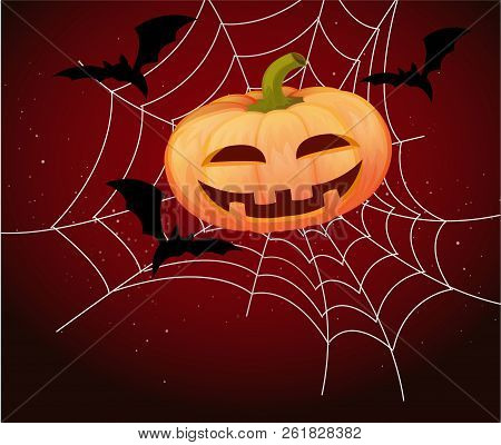 Merry Halloween Background Is A Great Idea For A Greeting Card. Terrible Pumpkin Jack In The Web Wit